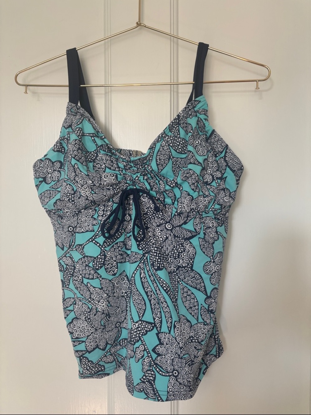 Lands' End Teal and Navy Floral Tankini Top